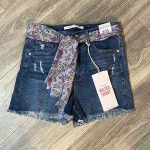 High rise belted jean shorts